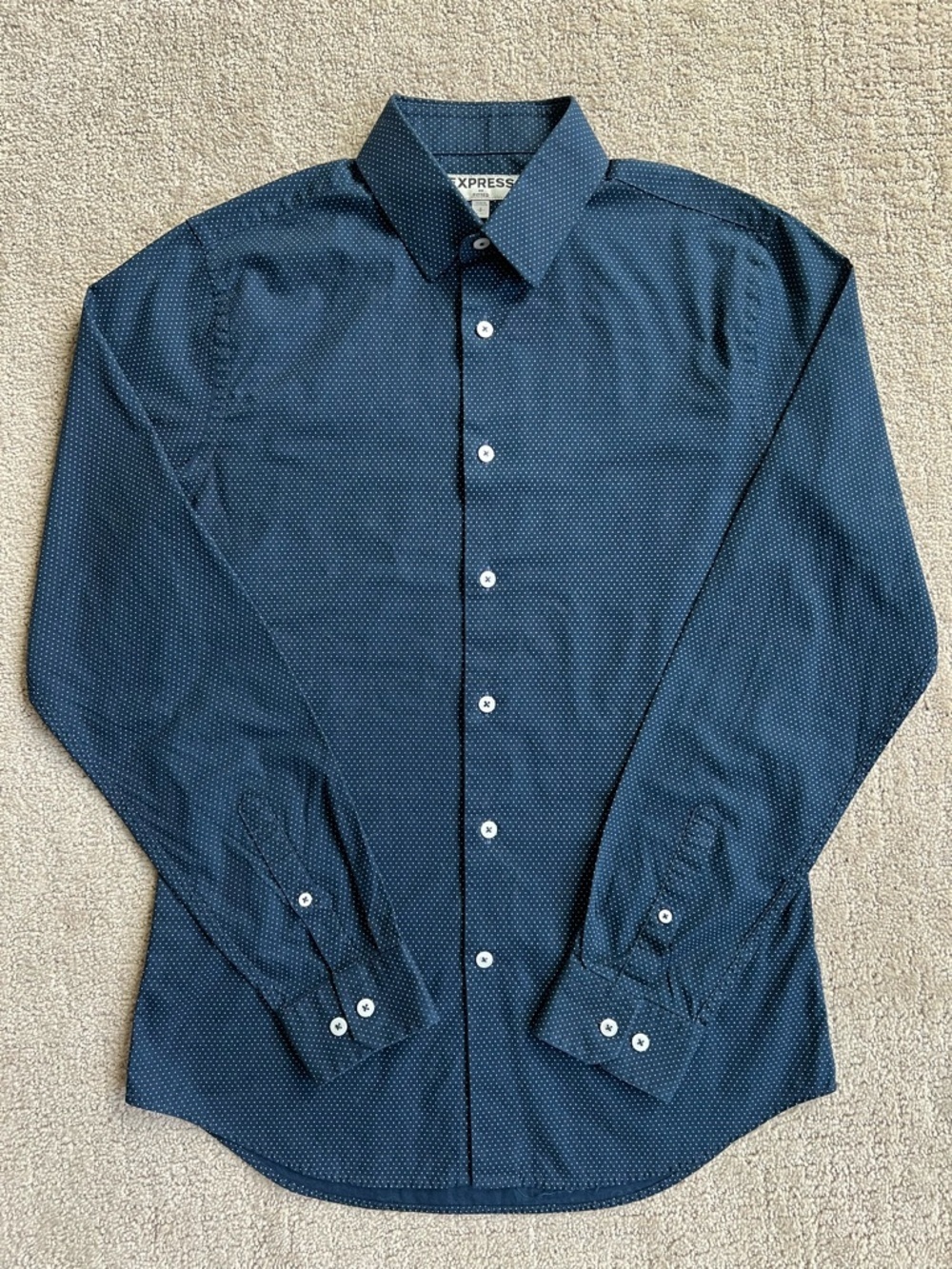 Express Men’s Fitted Blue Polka Dot Button Down Long Sleeve Dress Shirt